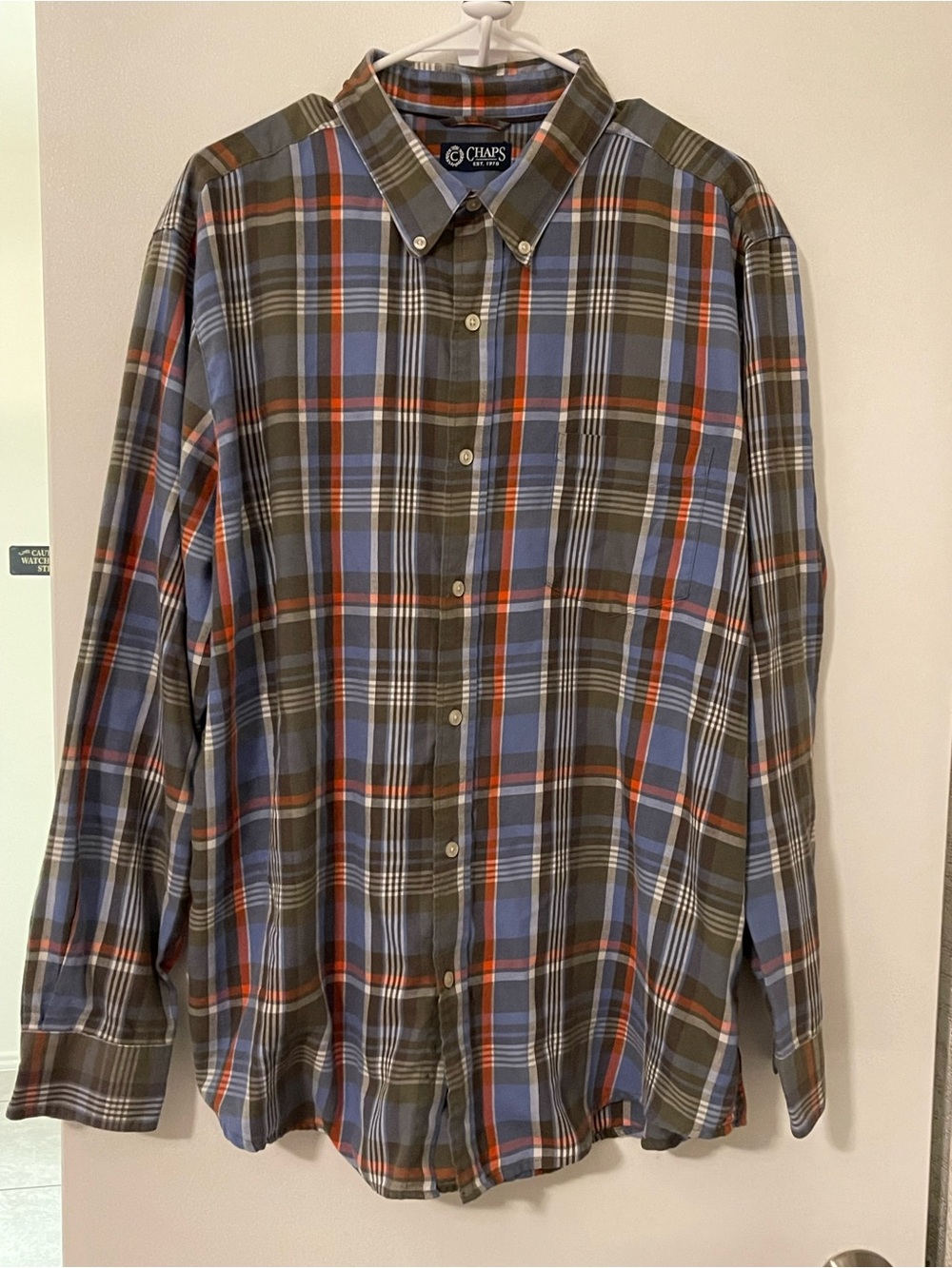 Chaps Olive, Blue & Orange Plaid Button-Down Shirt